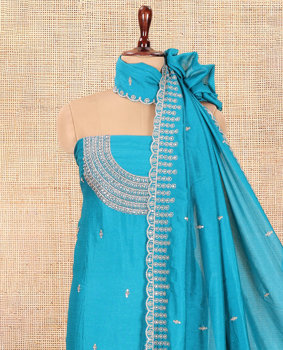 Rama Blue Vichitra Silk Material Chudiddar, Embroidered Top, Plain Bottom, Scallop Embroidered Dupatta