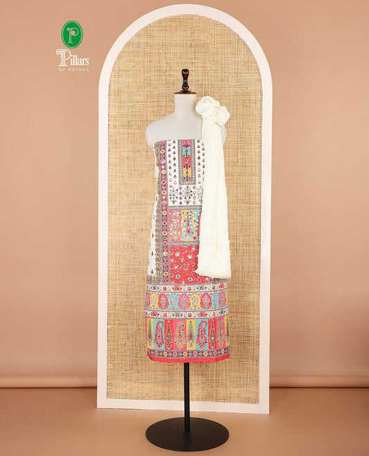 Cream with multi-color chikankari , butta design, mirror work cotton chudidhar material top with cotton pant & chikankari embroidery dupatta