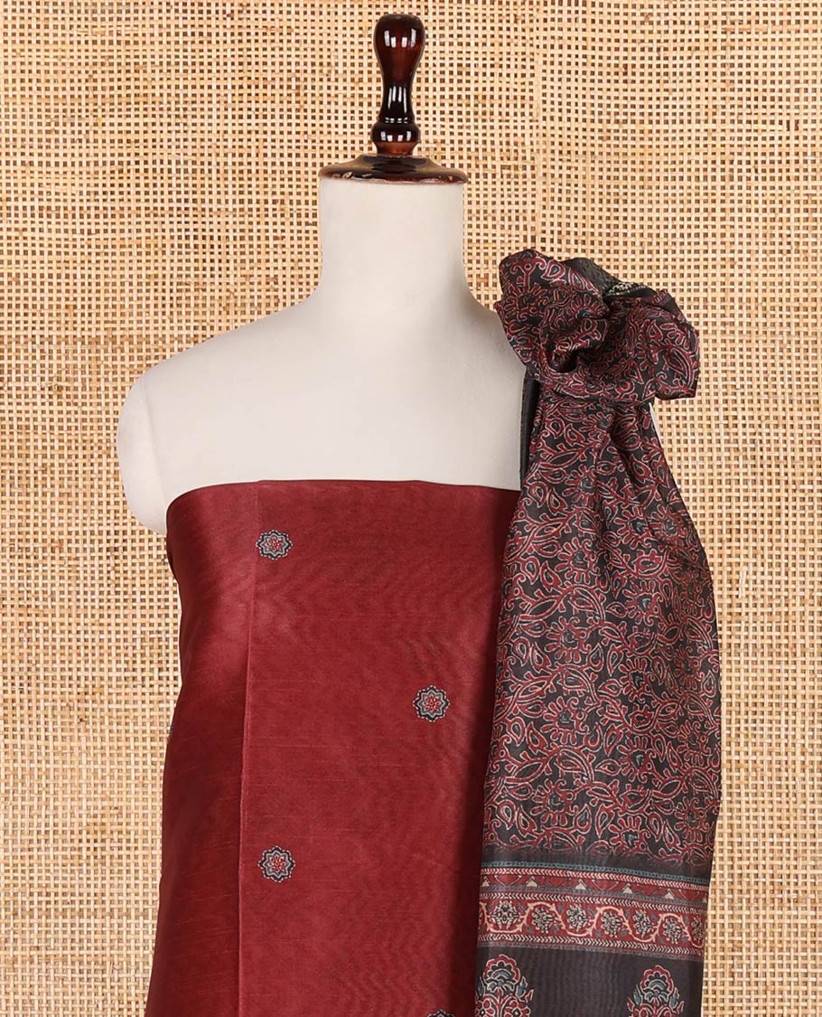 Maroon ajrak print semi tussar chudidhar material top with jam cotton material pant & ajrak print, zari weaving dupatta