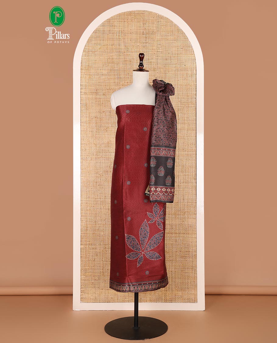 Maroon ajrak print semi tussar chudidhar material top with jam cotton material pant & ajrak print, zari weaving dupatta