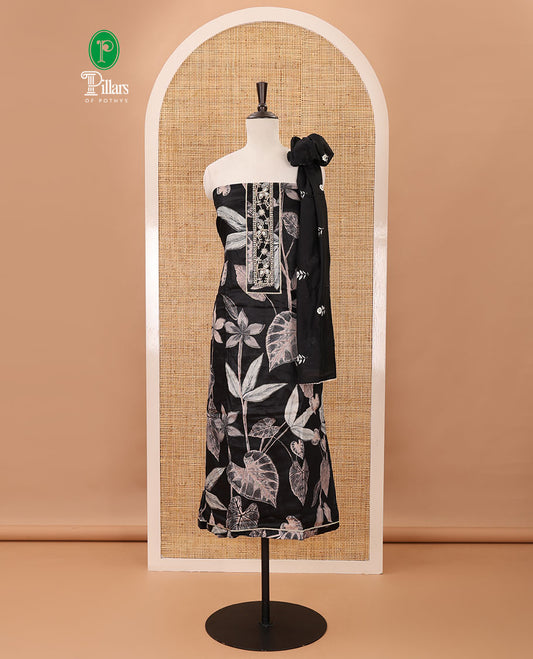 Black material chudidar set, floral print & neck patch embroidery cotton top, plain bottom & floral motifs mul chanderi dupatta