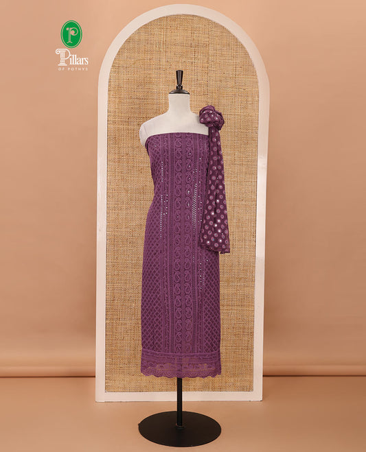 Grape purple material chudidar set,  floral, paisley & geometric schiffli embroidered georgette top & orginal mirror embroidered georgette dupatta