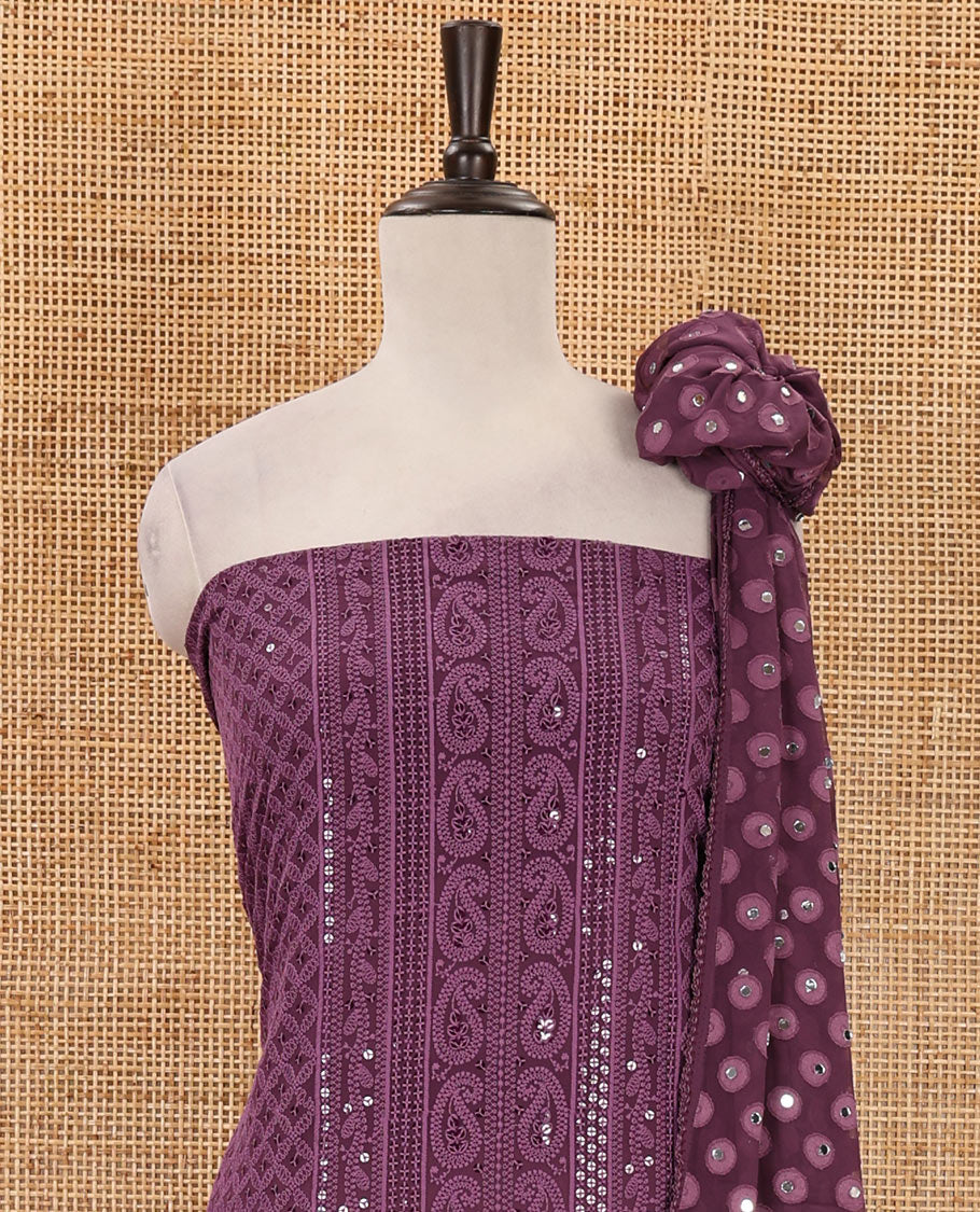 Grape purple material chudidar set,  floral, paisley & geometric schiffli embroidered georgette top & orginal mirror embroidered georgette dupatta