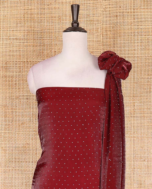 Magenta velvet organza material chudidar set, micro stone embedded with floral micro-stone embroidered top, Italian crepe bottom, and micro stone embroidered dupatta