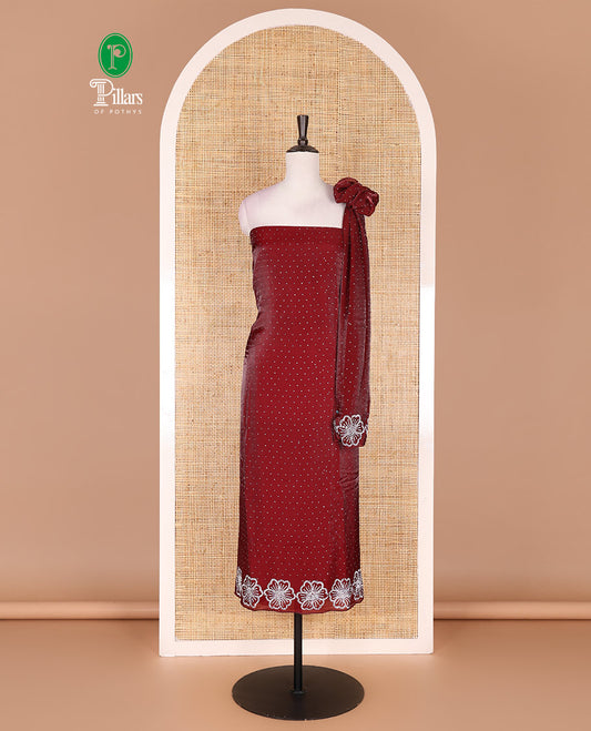 Magenta velvet organza material chudidar set, micro stone embedded with floral micro-stone embroidered top, Italian crepe bottom, and micro stone embroidered dupatta