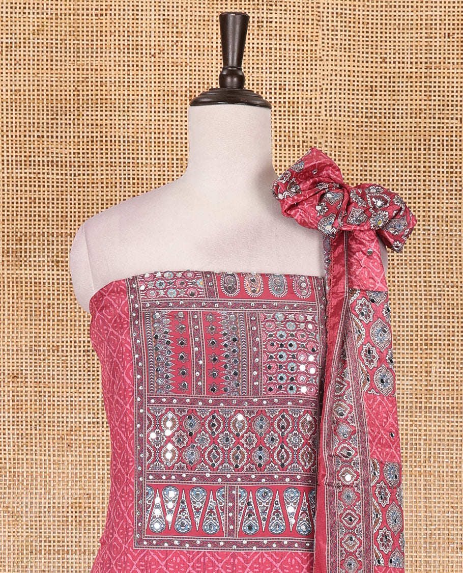 Pink material chudidar set, intricately printed with neck mirror work crepe top, Italian crepe bottom, and digital printed mirror work chinon dupatta