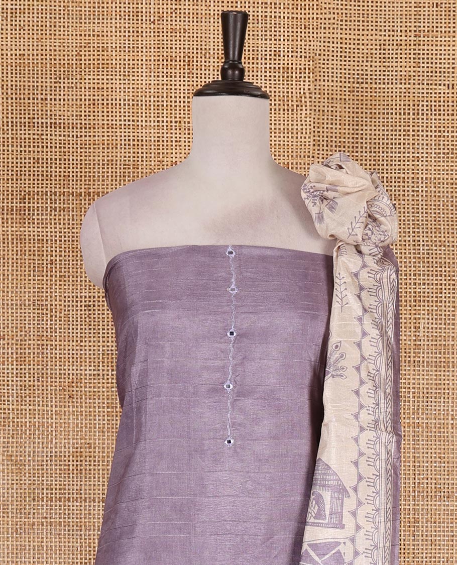 Lavender material churidar set, warli tribe village theme print with mirror work semi-tussar top, plain bottom, and warli tribe village theme print semi-tussar dupatta