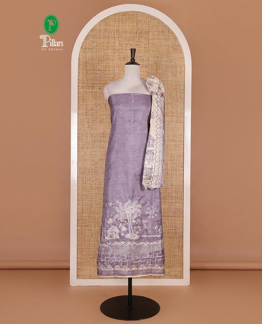 Lavender material churidar set, warli tribe village theme print with mirror work semi-tussar top, plain bottom, and warli tribe village theme print semi-tussar dupatta