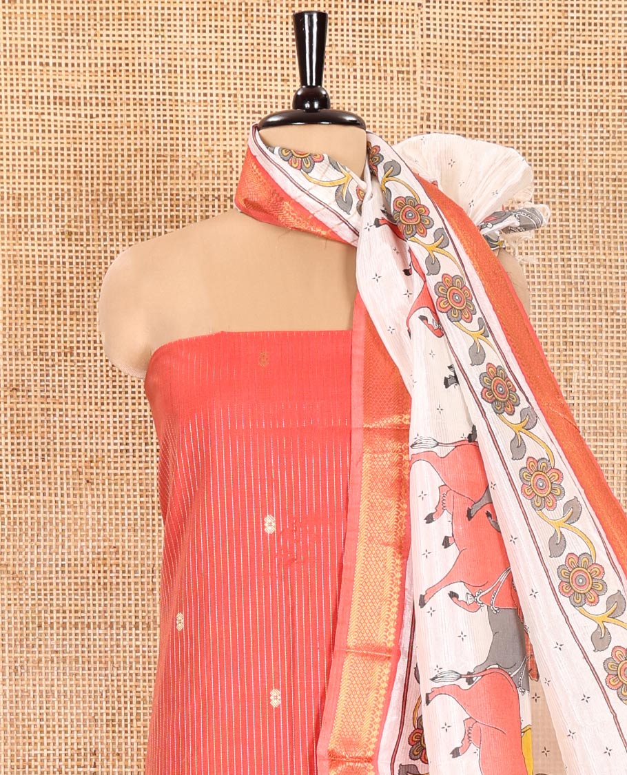 Orange Material Chudidhar Set, Delicately Woven with Dotted Stripes and Buttas on Its Semi-Silk Top, Plain Cotton Bottom, and Semi-Silk Dupatta Illustrating Pichwai Cow and Floral Print