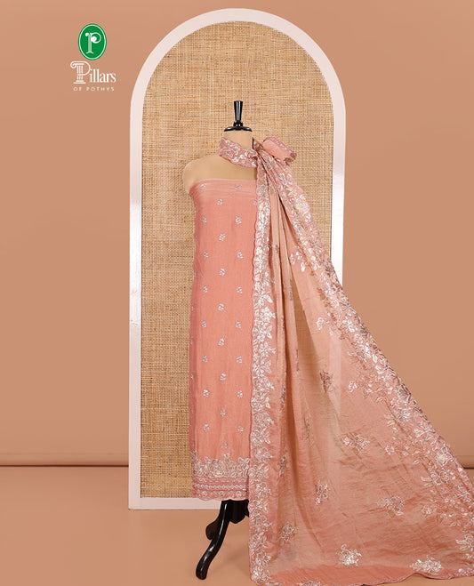 Peach Material Churidar Set, Artfully Detailed with an Floral Motifs Embroidered on Its Nc Moss Organza Top, Plain Santoon Bottom, and Nc Moss Organza Scallop Dupatta of Floral-Leaf Embroidery