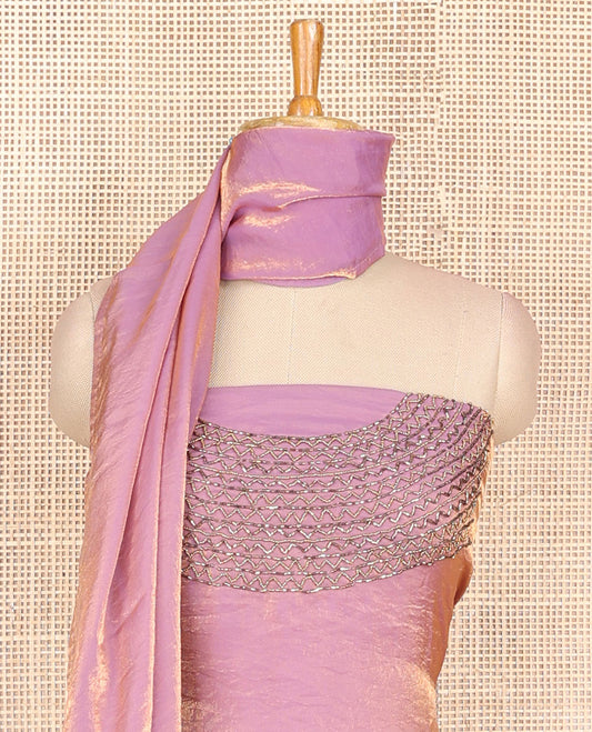 Pink jewllery antique neck handwork fendy organza chudidhar material set with santoon material pants & one side hanwork dupatta
