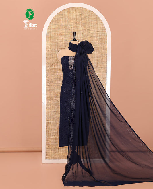 Blue Material Churidar Set, Decorated with Micro-Stone Work on Fox Georgette Top, Comes with a Plain Santoon Bottom, and Is Paired with a Fox Georgette Micro-Stone Work Dupatta