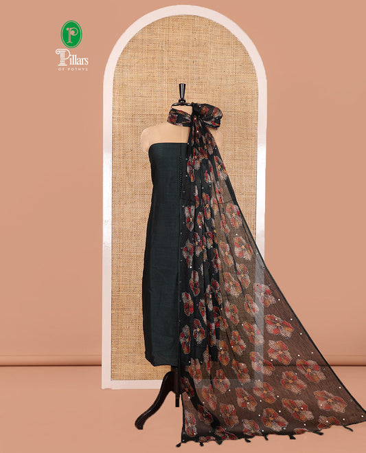 Green Material Churidar Set, Subtly Decked Up with Plain Vichitra Silk Top, Comes with a Plain Santoon Bottom, and Is Paired with a Crushed Chiffon Dupatta of Floral Print and Mirror Work
