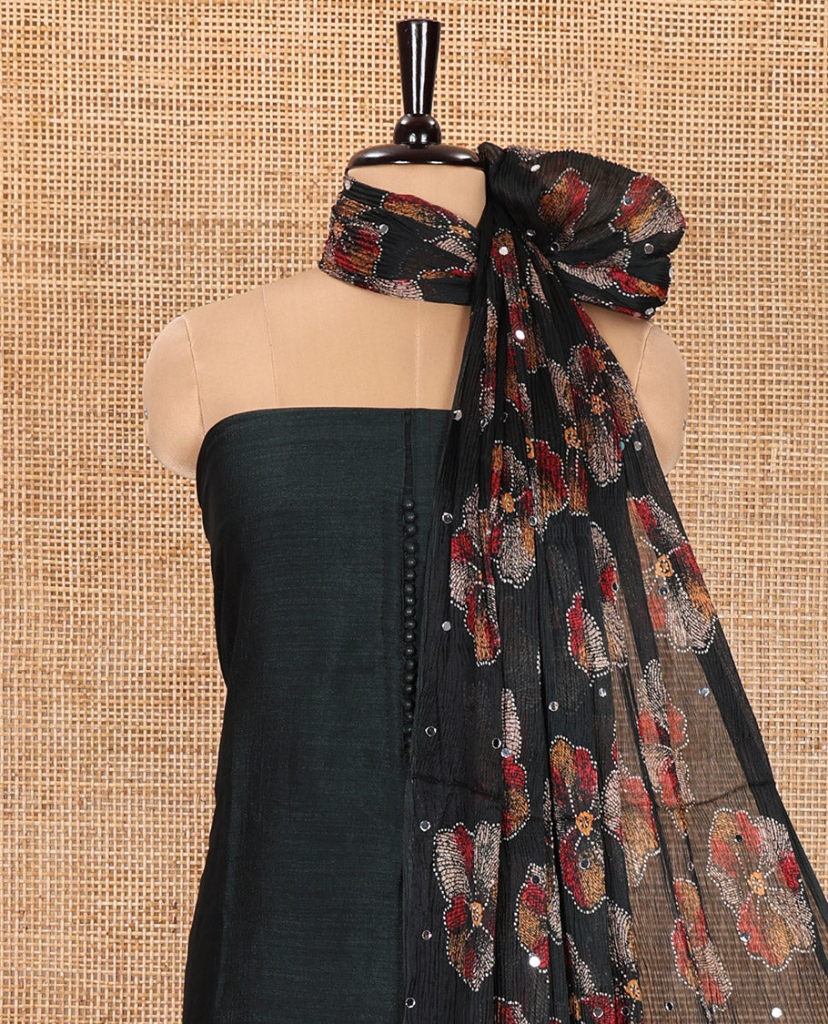 Green Material Churidar Set, Subtly Decked Up with Plain Vichitra Silk Top, Comes with a Plain Santoon Bottom, and Is Paired with a Crushed Chiffon Dupatta of Floral Print and Mirror Work