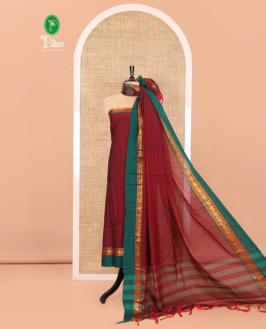 Maroon Plain Mercerised Cotton Material Churidar Set, Complemented by Contrast Elephant Motifs Woven Zari Border, Comes with a Plain Mercerised Cotton Bottom, and Is Paired with a Matching Mercerised Cotton Dupatta Mirroring the Same Design
