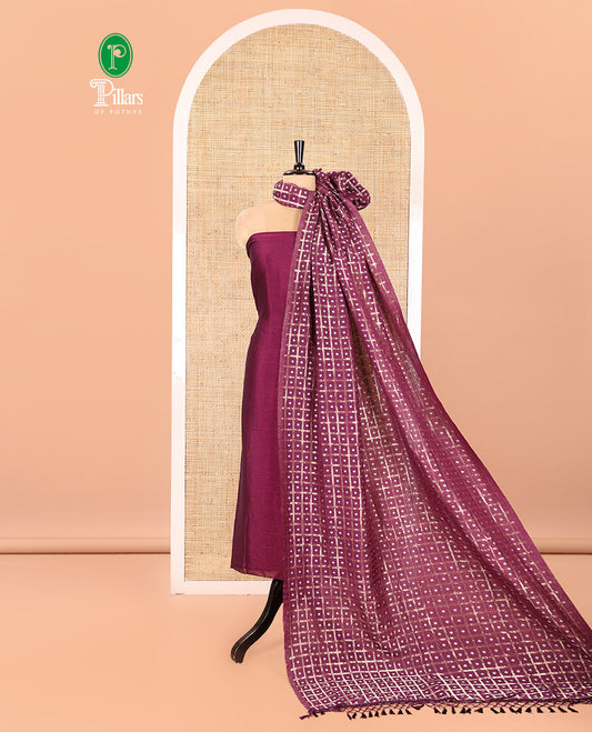 Purple Vichitra Silk Material Churidar Set, Subtly Made Plain Top, a Plain Santoon Bottom, and Paired with a Vichitra Silk Bandhani Dot Enclosed Checked Dupatta