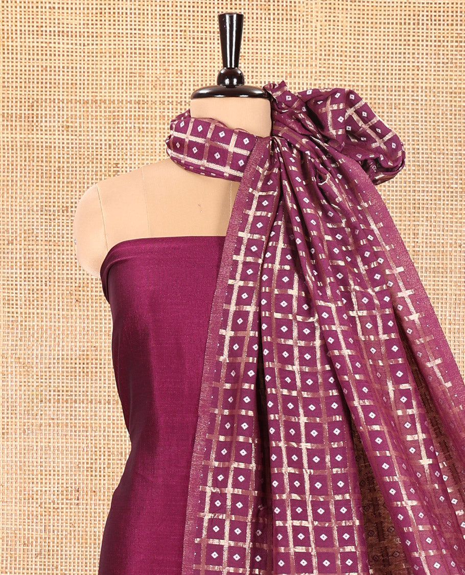 Purple Vichitra Silk Material Churidar Set, Subtly Made Plain Top, a Plain Santoon Bottom, and Paired with a Vichitra Silk Bandhani Dot Enclosed Checked Dupatta