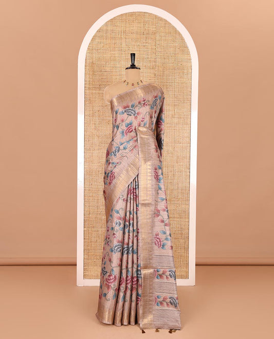 Sandal floral vine printed fancy tussar saree, zari temple border, floral printed pallu, and a matching zari woven blouse