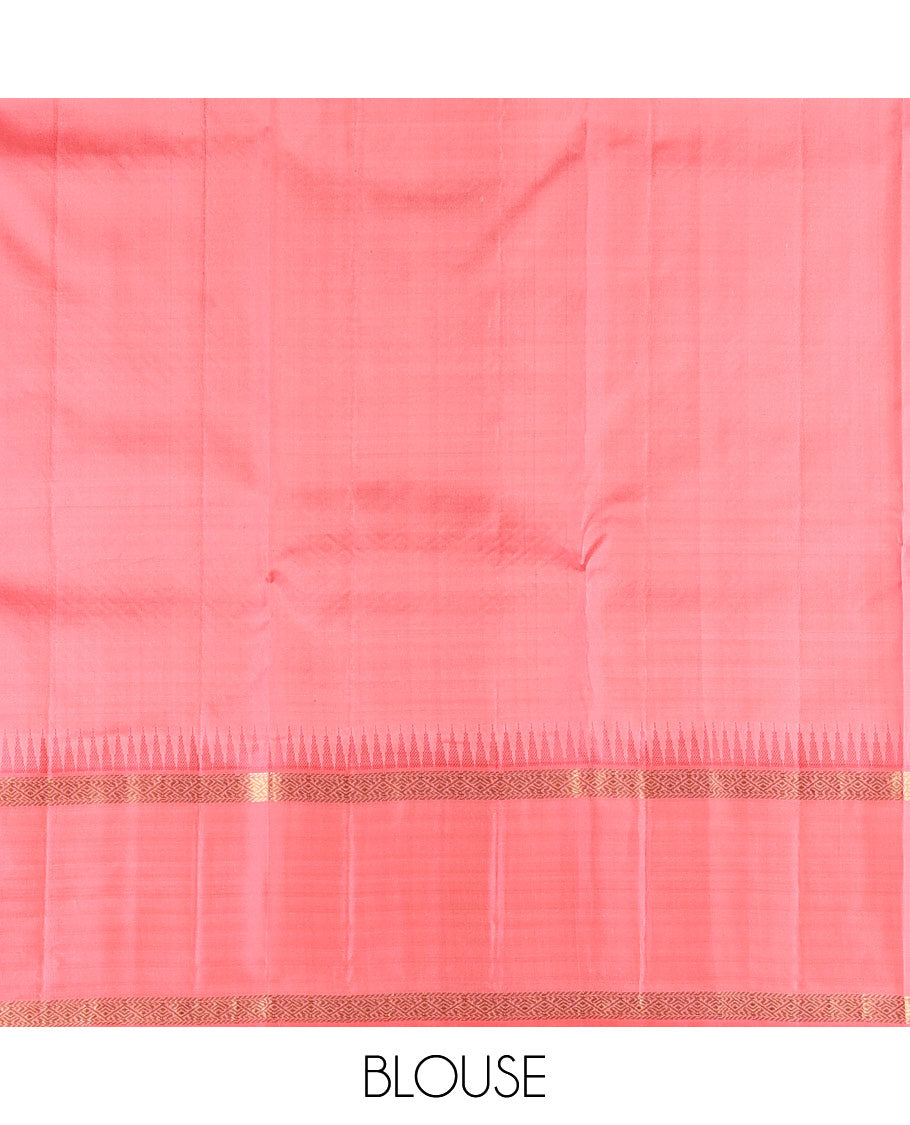 Coffee Brown Vasundhara Silk Saree Accentuated with Round Mayil Buttas, Complemented with Contrast Rettai Pettu Thazampoo Rekku Zari Border, Beautifully Woven Pallu of Jaal Design, and Paired with a Contrast Blouse