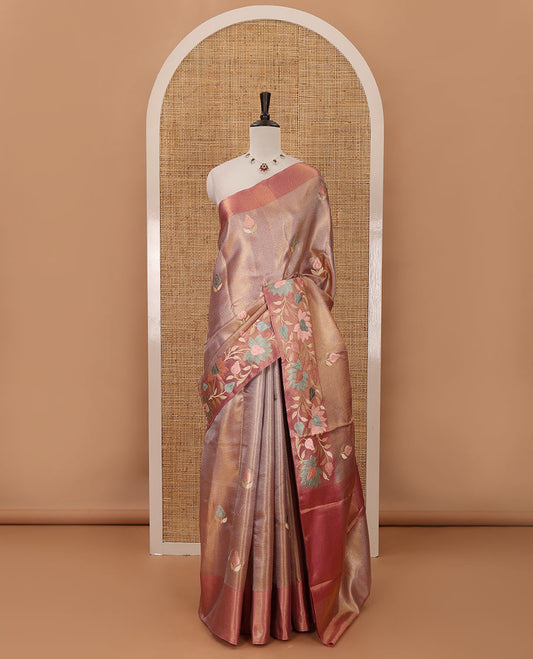 Glitter maroon floral embroidery celebrity tissue saree, floral vine multi-color thread embroidered border & embroidery pallu