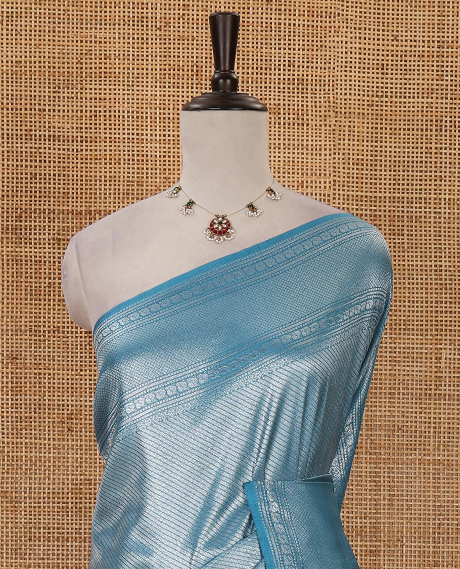 Blue stripes zari jacquard softy saree with temple traditional zari border, rich pallu & matching zari blouse