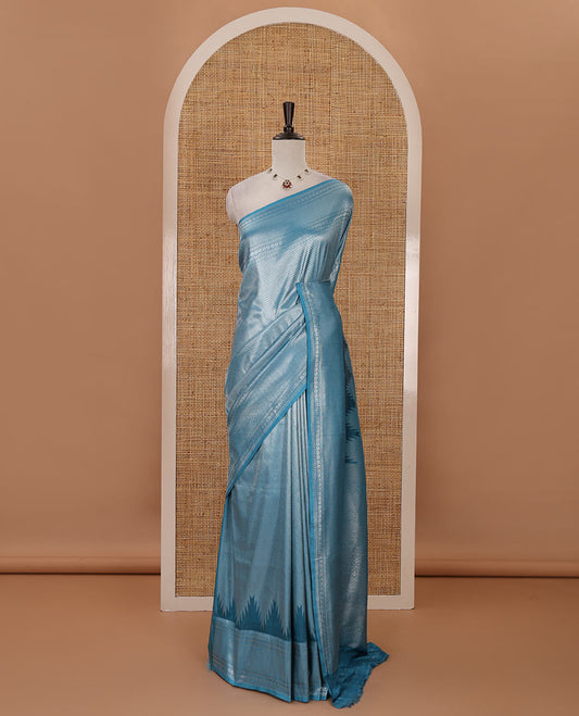 Blue stripes zari jacquard softy saree with temple traditional zari border, rich pallu & matching zari blouse
