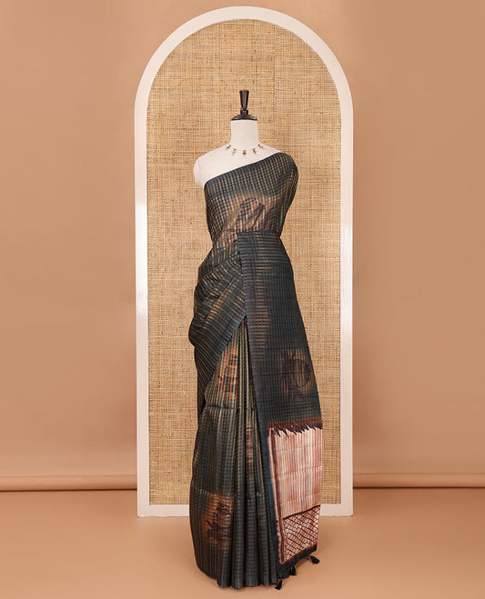 Borderless bottle green checked & clay pot motifs printed fancy tussar saree, contrast women with a pot printed pallu & pot printed blouse