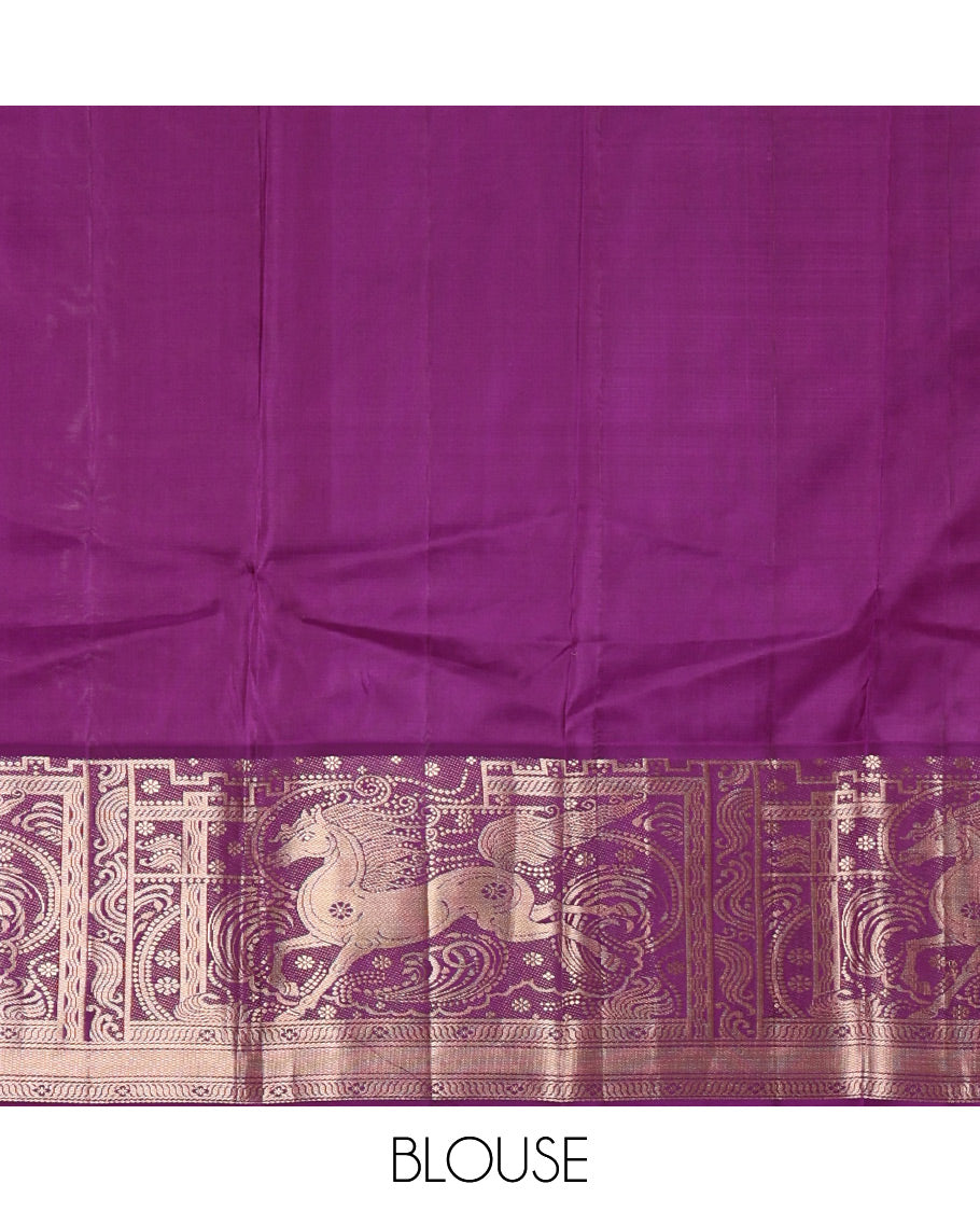 Blue Vasundhara Silk Saree Delicately Woven with Varai Oosai and Rudraksham Buttas, Captivating Contrast Kuthirai Motifs Zari Woven Border, Intricately Designed Pallu, and Paired with a Contrast Blouse