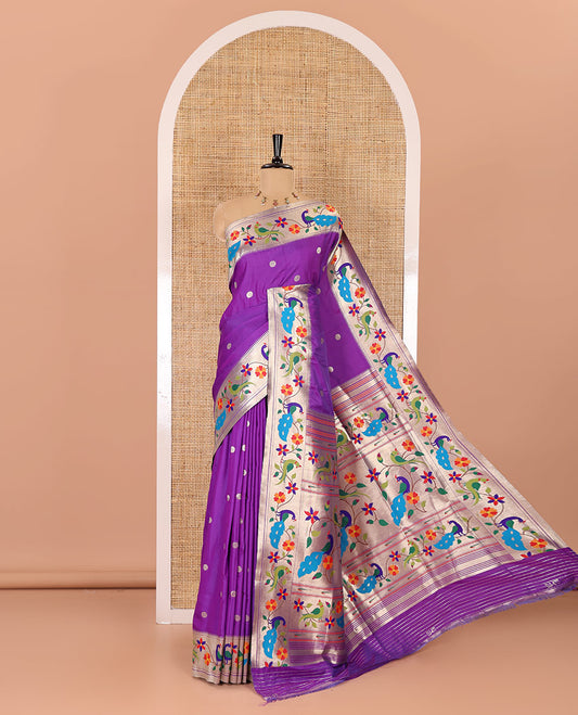 Lavender floral buttas art silk paithani saree, contrast floral creeper and peacock design border, pallu of peacock and floral vine, and a matching blouse