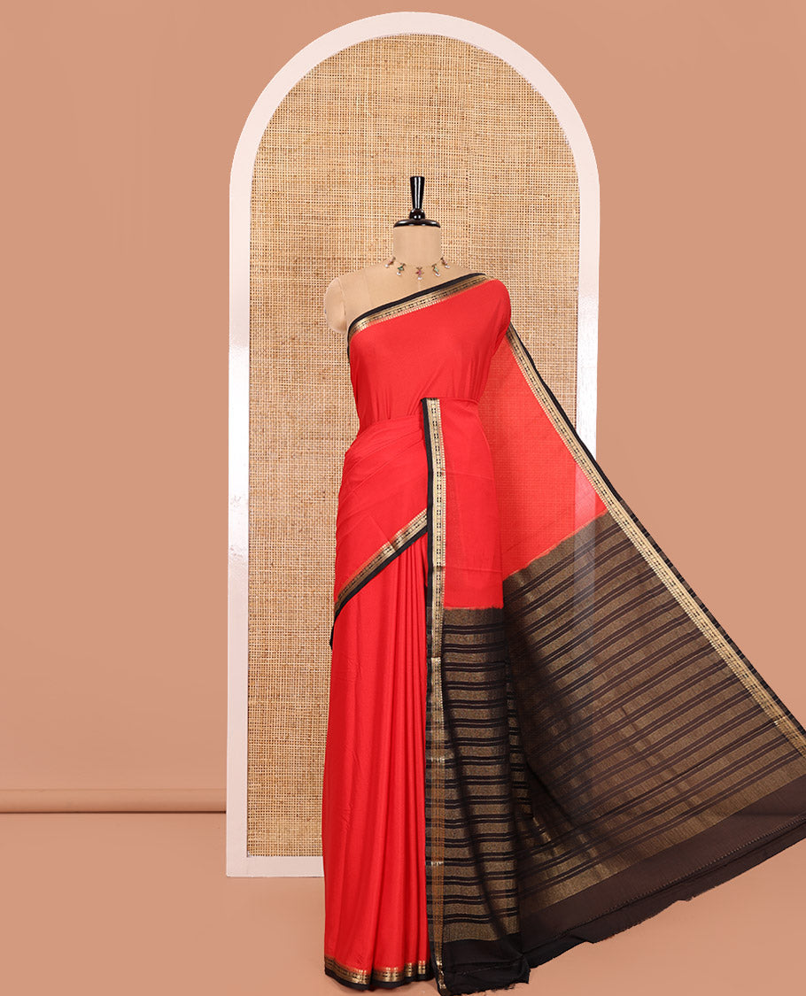 Red and Black Plain Semi-Mysore Silk Saree, Complemented by a Contrast Traditional Zari Design Thin Border, Pallu Steeped with Gleaming Zari Stripes, and Paired with a Contrast Blouse