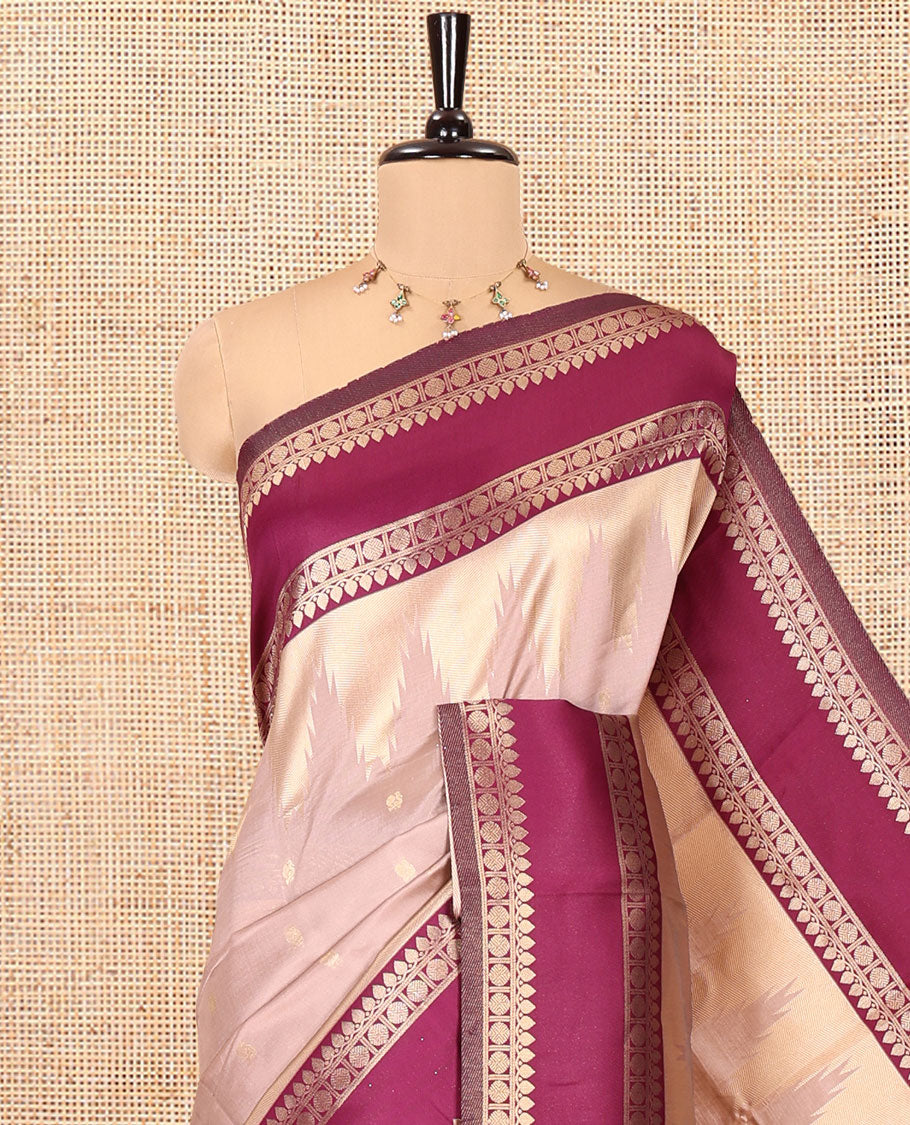 Beige Litchi Saree, Bedecked with Peacock Buttas , Contrast Temple Traditional Rettai Pettu Border, Pallu of Traditional , and Contrast Blouse