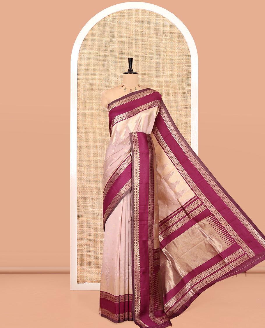 Beige Litchi Saree, Bedecked with Peacock Buttas , Contrast Temple Traditional Rettai Pettu Border, Pallu of Traditional , and Contrast Blouse