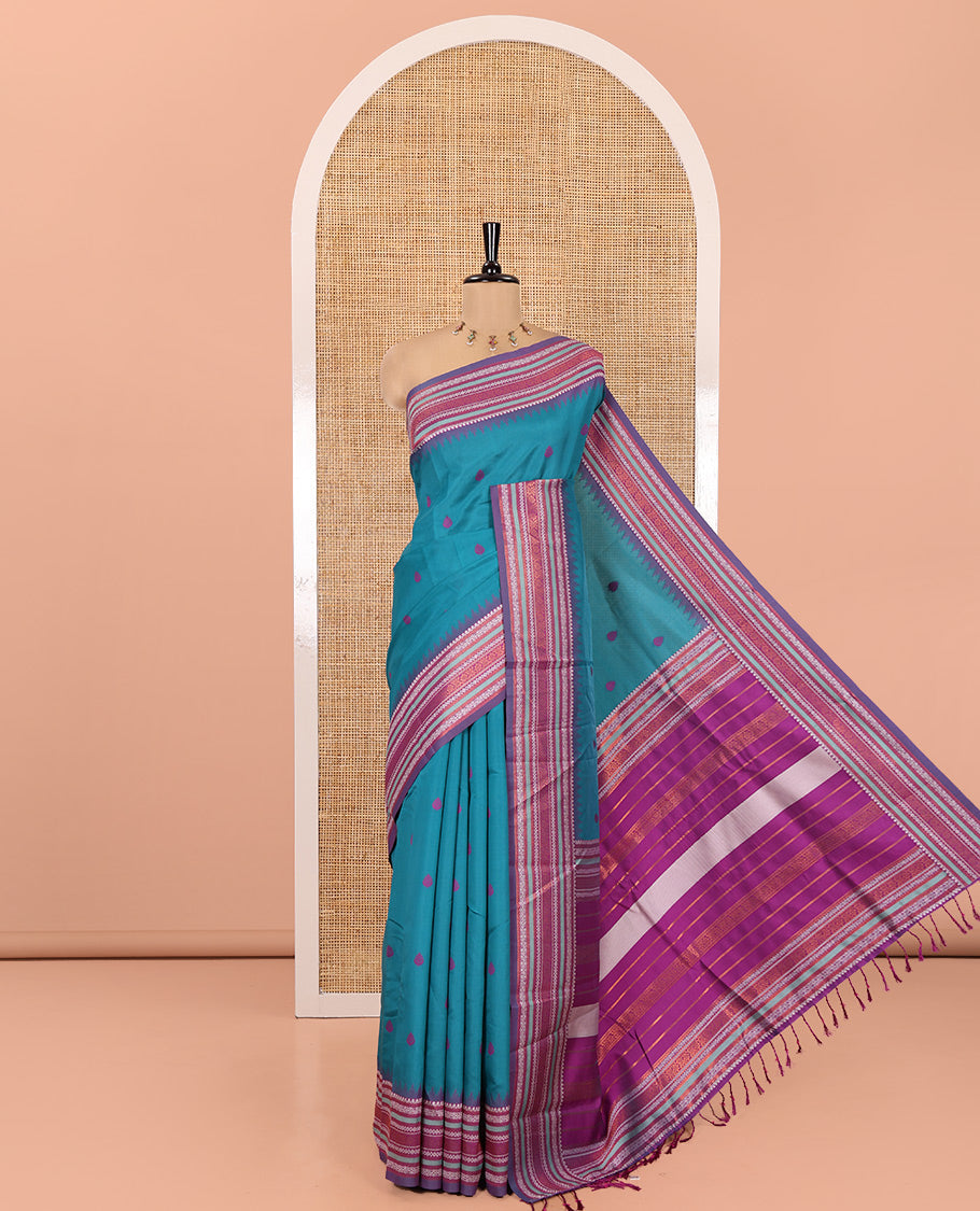 Rama Blue Litchi Chettinad Saree, Subtly Woven with Thread Leaf Buttas, Contrast Traditional Border, and a Contrast Blouse