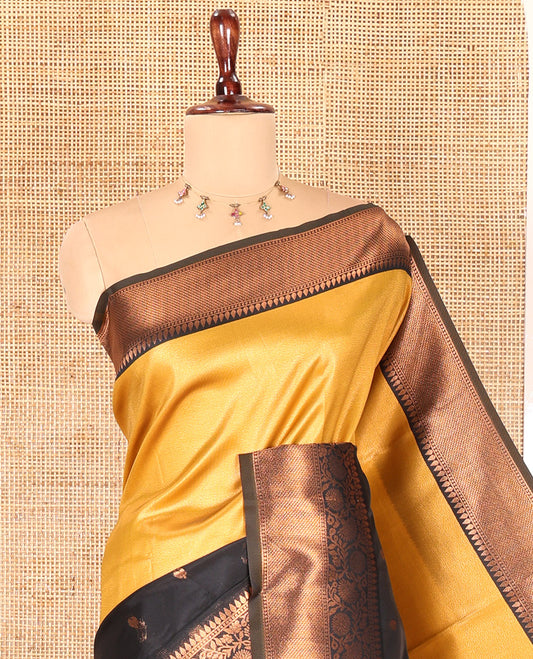 Black Litchi Saree, Elevated with Half-And-Half and Zari Buttas, Contrast Traditional Zari Border, Grand Pallu, and a Contrast Blouse