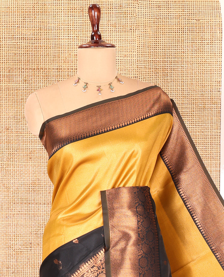 Black Litchi Saree, Elevated with Half-And-Half and Zari Buttas, Contrast Traditional Zari Border, Grand Pallu, and a Contrast Blouse