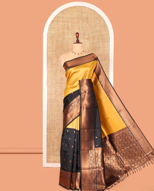 Black Litchi Saree, Elevated with Half-And-Half and Zari Buttas, Contrast Traditional Zari Border, Grand Pallu, and a Contrast Blouse