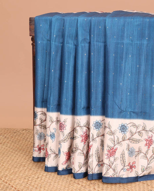 Dark blue zari butta fancy tussar saree with kalamkari style border & kalamkari pallu along with printed blouse