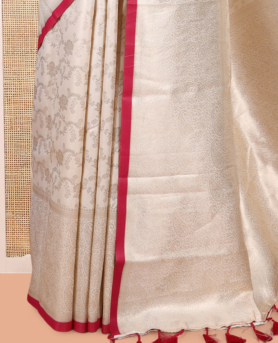 Off-White-Maroon Semi-Silk Saree, Adorned with Floral Jacquard Design, a Zari Paisley Border, and a Contrast Blouse