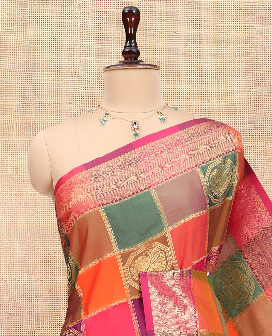 Multi-Color Palum Pazhamum Checked Fancy Soft Silk Saree, Bedecked with Zari Buttas, a Zari Border, Rich Pallu, a Matching Blouse