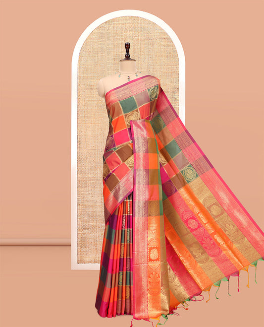 Multi-Color Palum Pazhamum Checked Fancy Soft Silk Saree, Bedecked with Zari Buttas, a Zari Border, Rich Pallu, a Matching Blouse