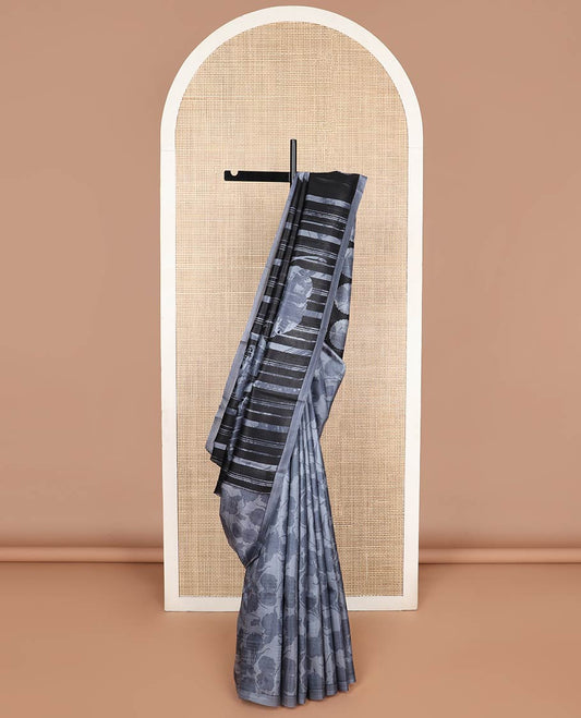 Grey striped printed silk saree with contrast border & round motifs pallu
