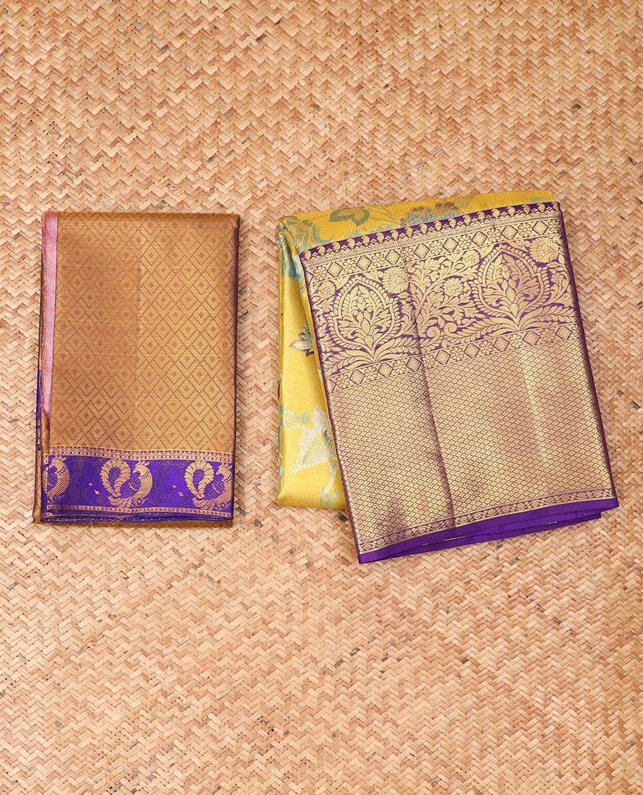 Yellow floral buttas pure silk half saree with contrast zari border,  contrast zari design blouse & plain with zari border dhavani