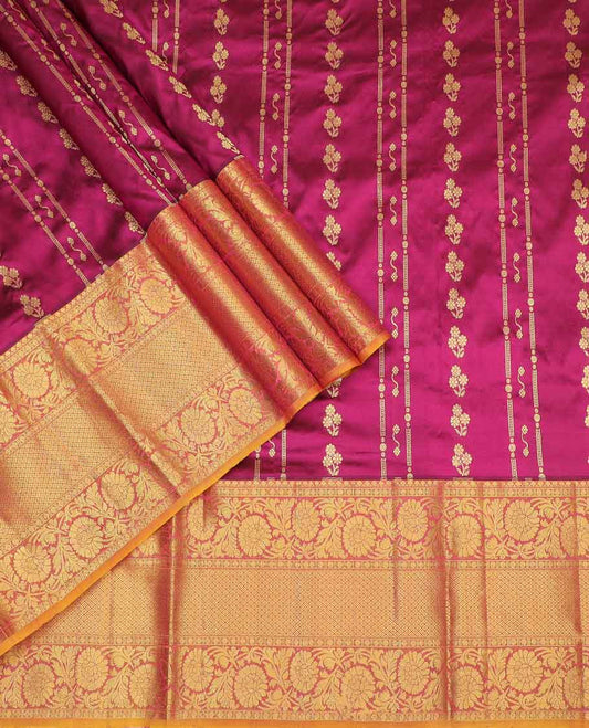 Dark pink floral design silk half saree with contrast border of thilakam mokku, banaras, paun design, zari design blouse & zari design border dhavani