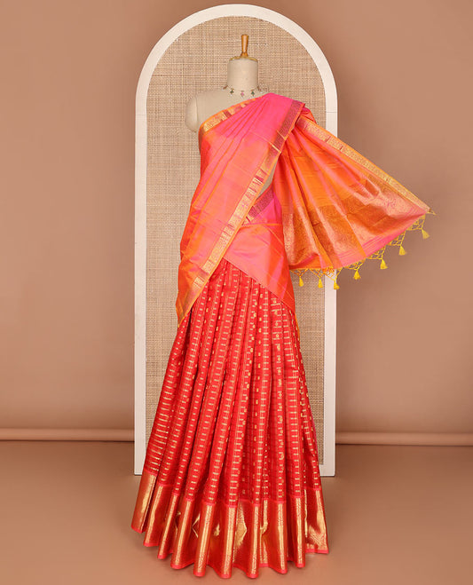 Red pure-silk half saree, jacquard skirt, zari border & blouse of salngai,muthu,rudraksham & kodi visiry & zari-rich dhavani