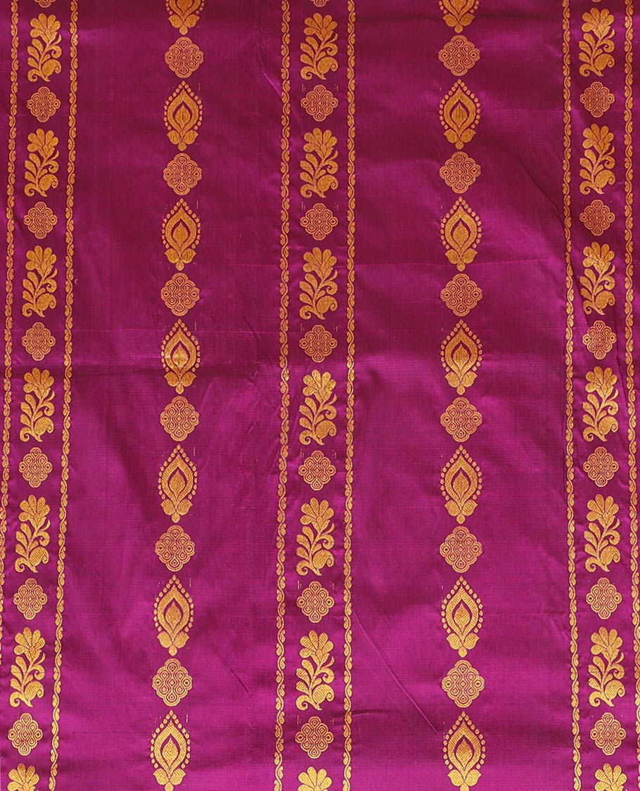 Purple Pure Silk Half-Saree Artfully Detailed with Zari Designs on its Skirt, Complemented by a Contrast Border Featuring Neli, Manga, Rekku, Rudraksham, And Mayil Kann, Comes with a Contrast Blouse and a Dhavani of Anna Chakram Designs