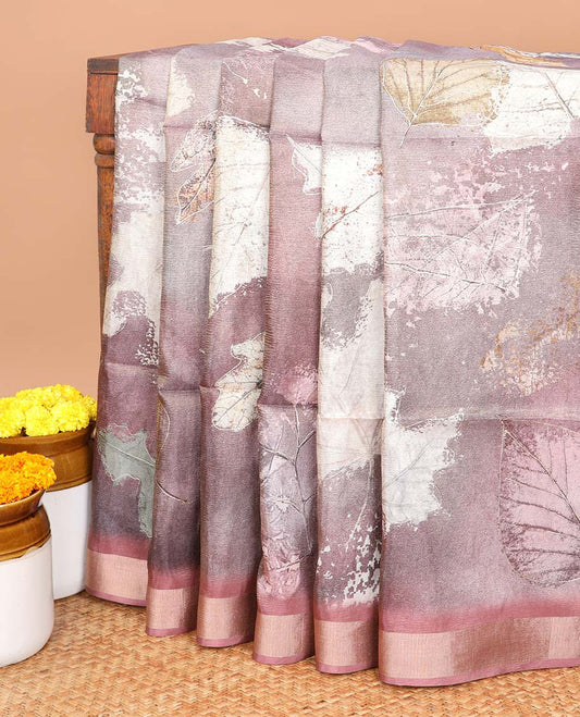 Onion pink all-over digital print gold foil print crush tissue saree contrast gold zari border & crush pallu along with printed blouse