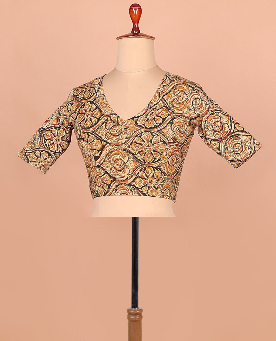 Yellow ogee patterns printed front and back leaf neck elbow sleeve cotton readymade blouse