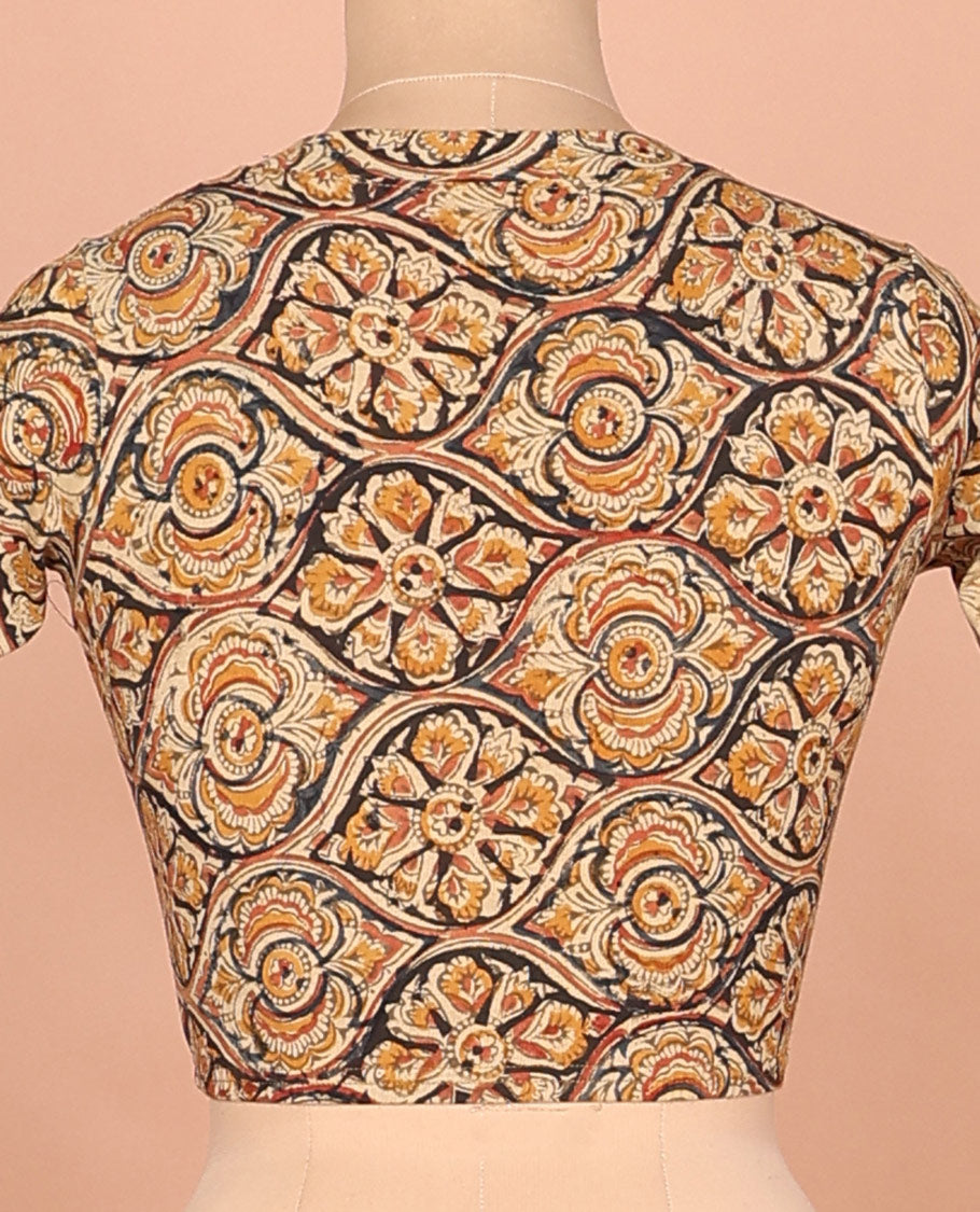 Yellow ogee patterns printed front and back leaf neck elbow sleeve cotton readymade blouse