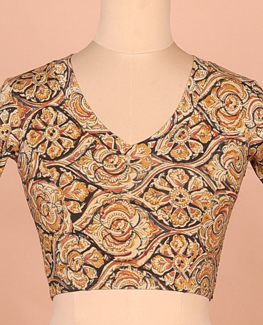 Yellow ogee patterns printed front and back leaf neck elbow sleeve cotton readymade blouse