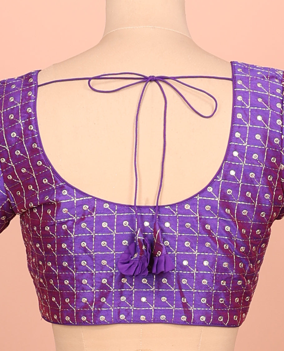 Violet Readymade Blouse Featuring Embroidery, a Front Round-Neck, Back Round-Neck, and Elbow Sleeves